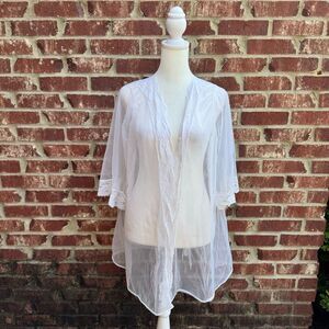 Vintage Sheer Lace Trim Kimono Robe Lingerie  White Bridal Women’s Size Medium